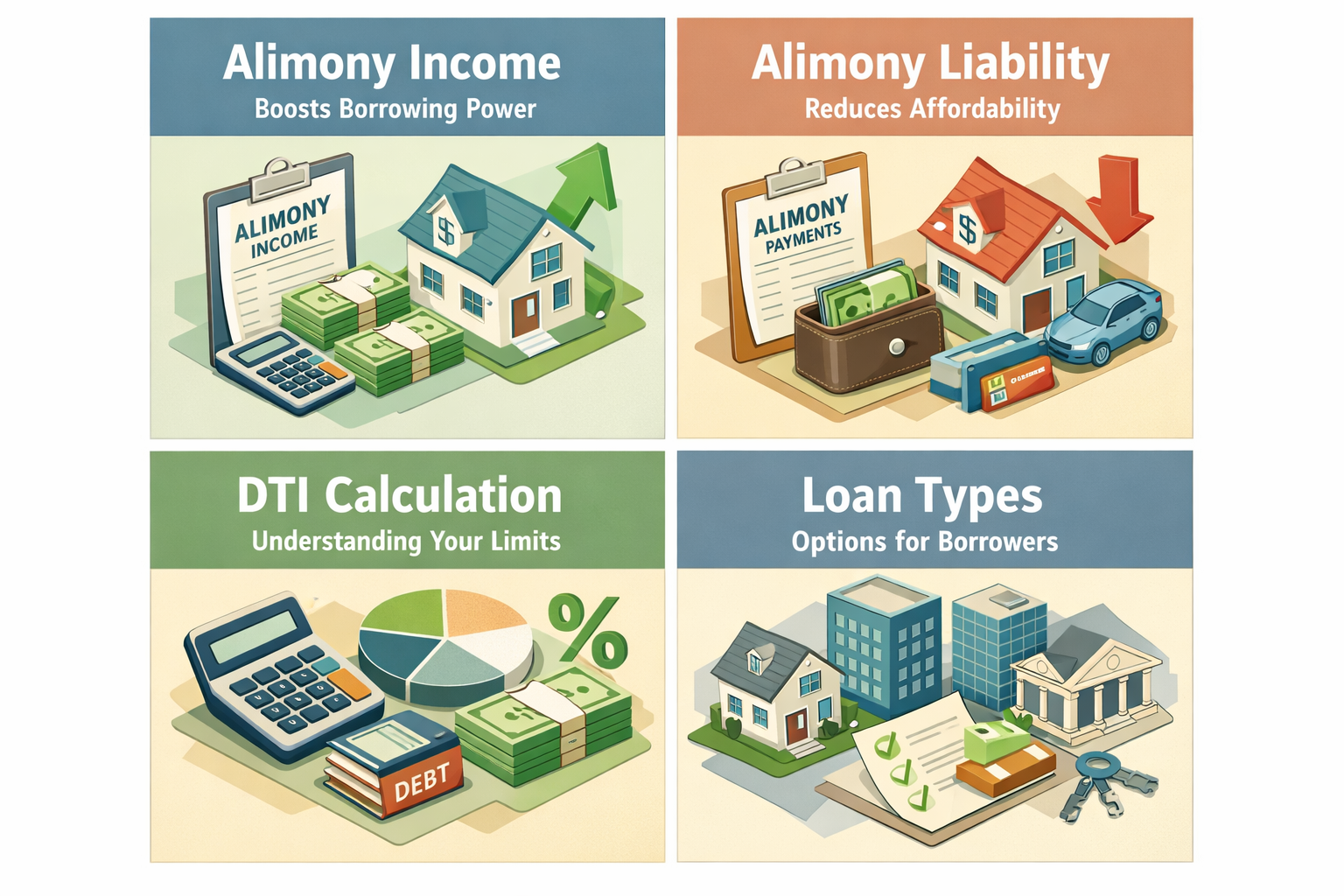 Infographic showing how alimony income affects mortgage qualification, DTI calculation, and loan types available.