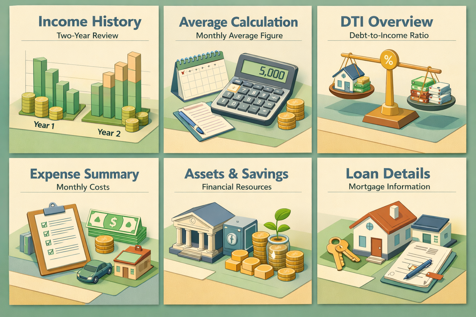 Infographic showing income history, average calculation, and debt-to-income ratio for mortgage affordability.