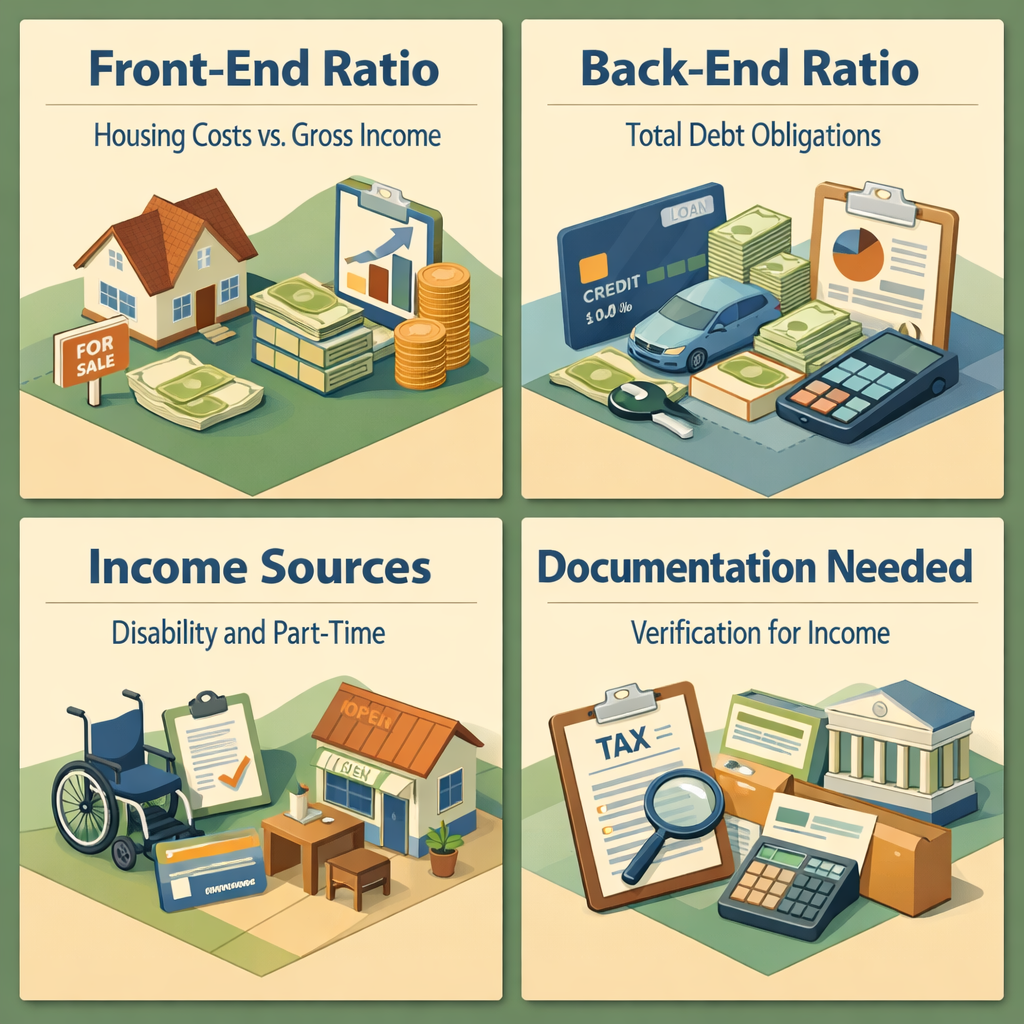 Infographic showing mortgage affordability calculation steps, including ratios, income sources, and required documentation.