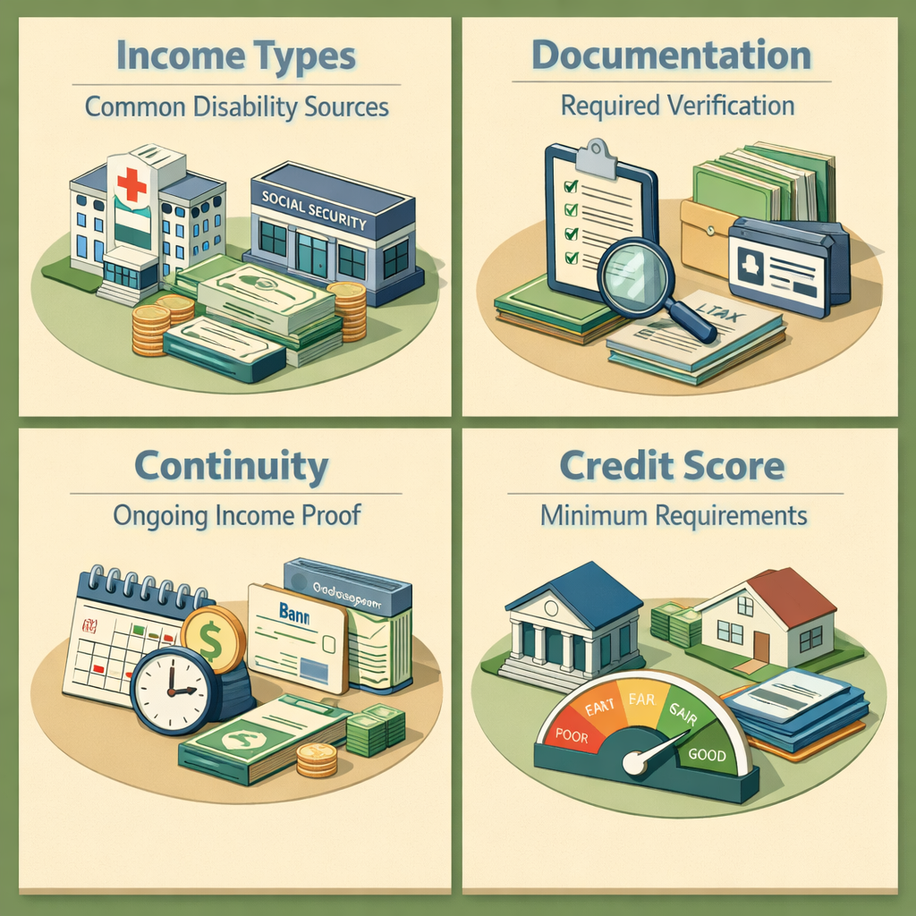 Infographic showing disability income types, documentation needed, continuity requirements, and credit score considerations.