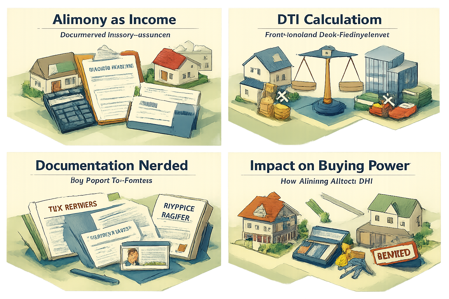 Infographic explaining alimony as income, DTI calculation, required documentation, and its impact on buying power.