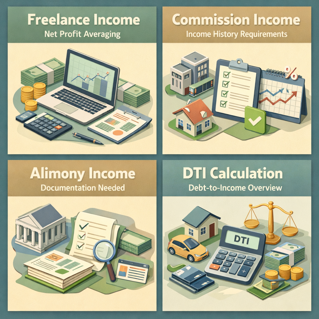 Infographic showing how to calculate mortgage affordability with freelance income, commission income, and alimony income.
