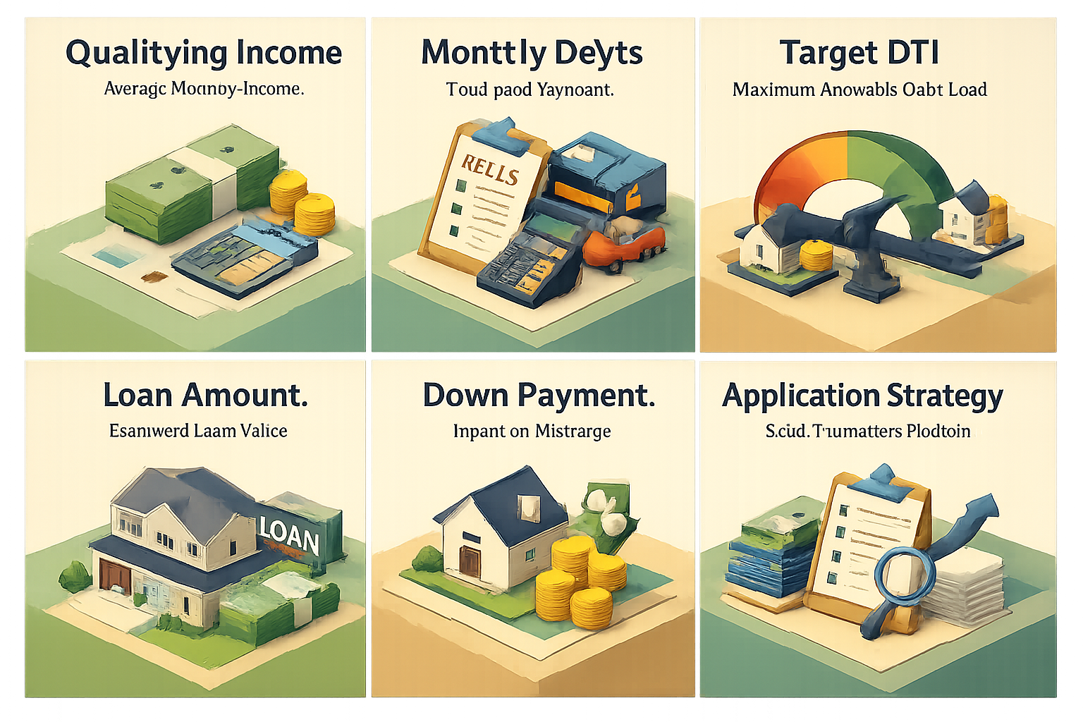 Steps to calculate mortgage affordability with freelance income and student loans, including income, debts, DTI, loan amount, and down payment.