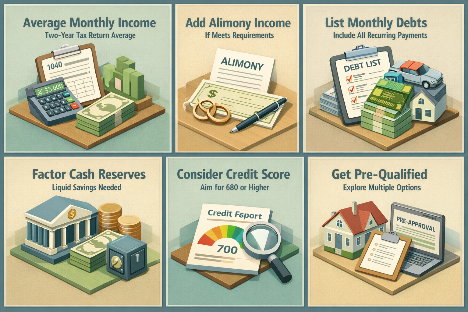 Infographic showing steps to calculate mortgage affordability with gig income and alimony, including income, debts, reserves, and credit score.