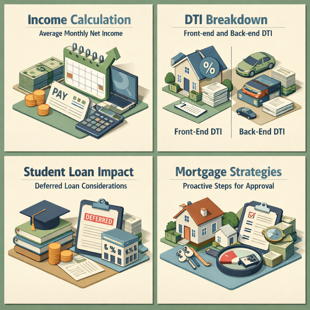 Infographic illustrating income calculation, DTI breakdown, student loan impact, and mortgage strategies for gig workers.