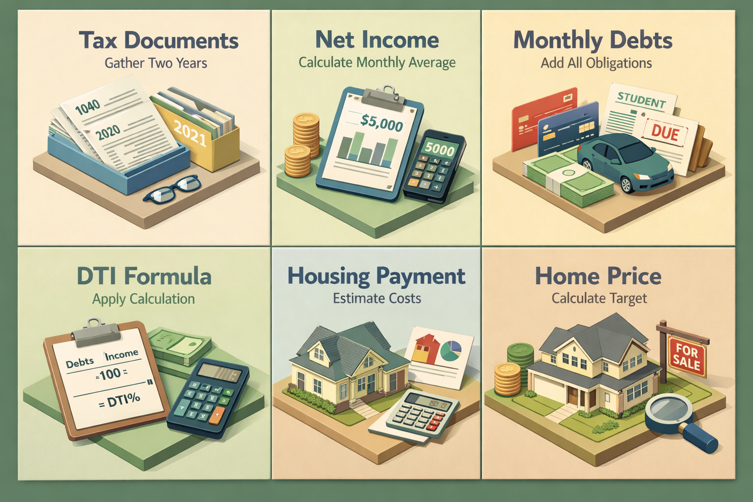 Step-by-step guide for calculating mortgage affordability with cryptocurrency mining income, covering tax documents, net income, debts, DTI, payments, and home price.