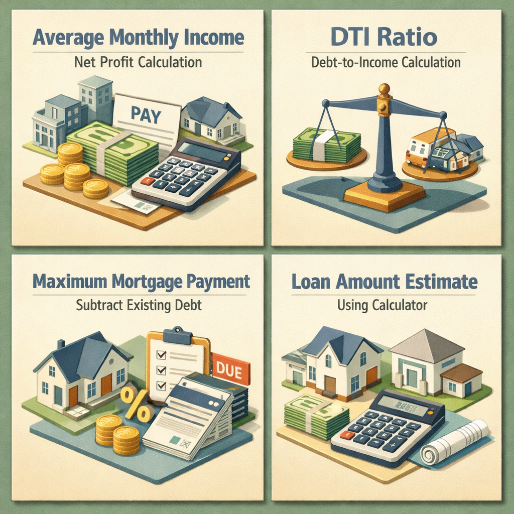 Infographic showing steps to calculate mortgage affordability with rare coin collecting income, including income calculation and DTI ratio.