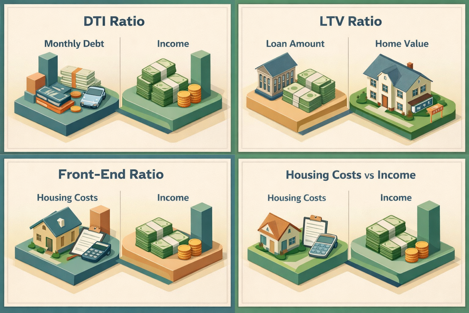 Infographic showing DTI Ratio, LTV Ratio, and Front-end Ratio for mortgage affordability calculations.