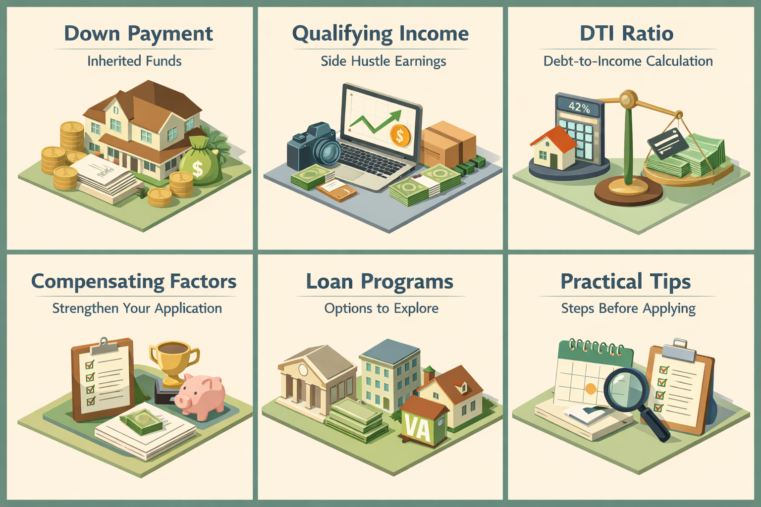 Infographic showing mortgage affordability calculation with inheritance and side hustle income, including down payment, income, DTI, factors, loan programs, and tips.