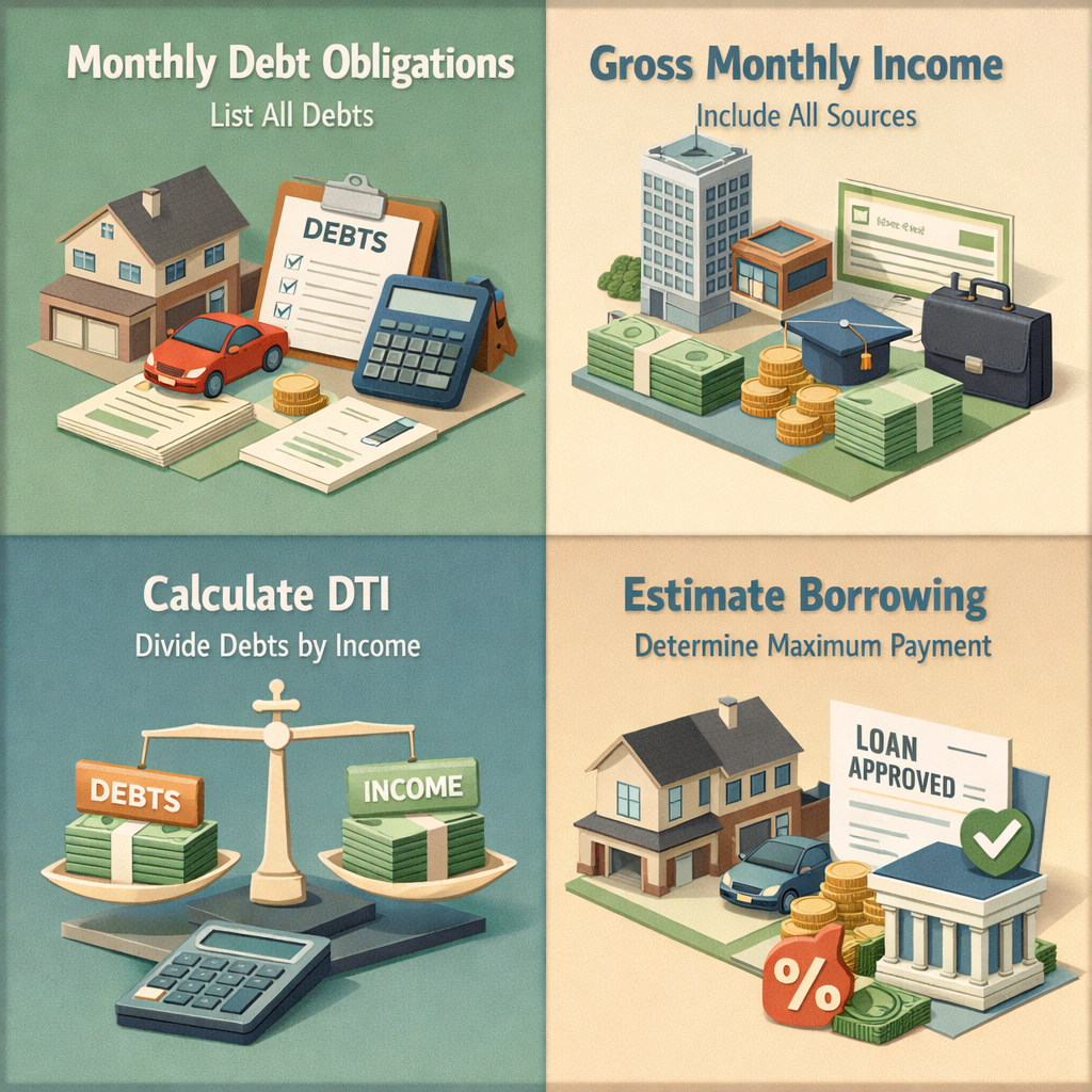 Infographic showing steps to calculate mortgage affordability with inherited property and existing mortgage, including debts, income, DTI, and borrowing estimate.