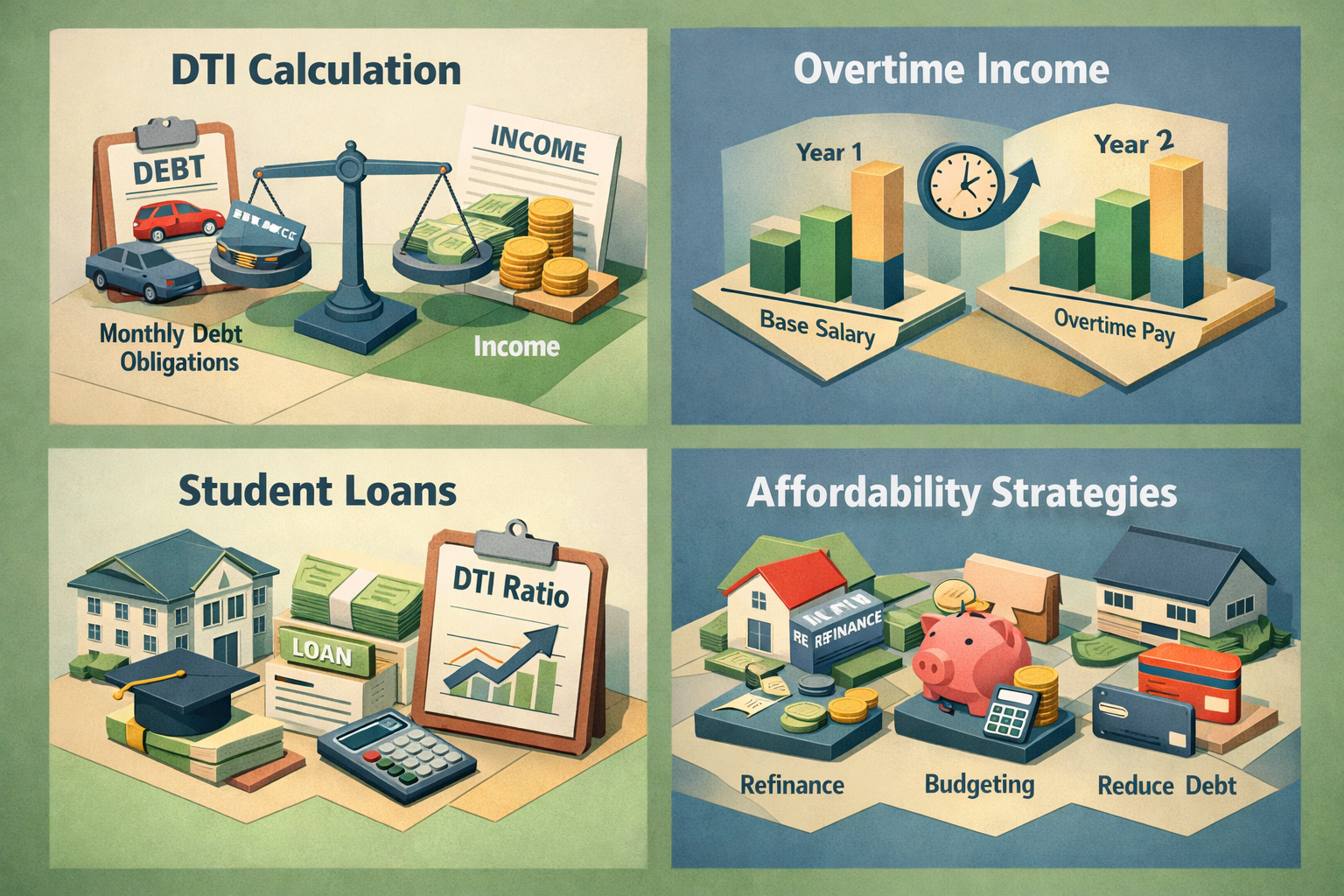 Infographic showing DTI calculation, overtime income impact, student loans effect, and strategies to improve affordability.