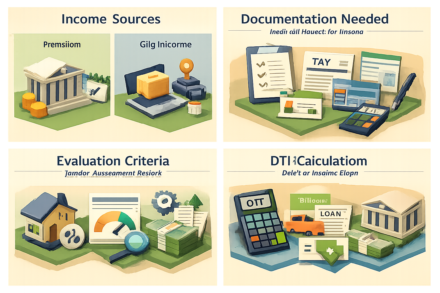 Infographic showing income sources, documentation needed, evaluation criteria, and DTI calculation for mortgage affordability.