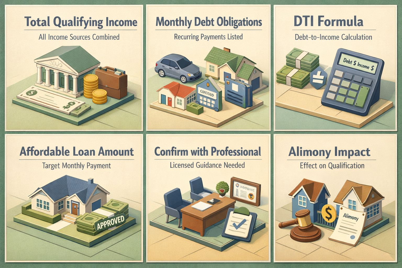 Infographic illustrating steps to calculate mortgage affordability with alimony, including income, debts, DTI, and professional guidance.