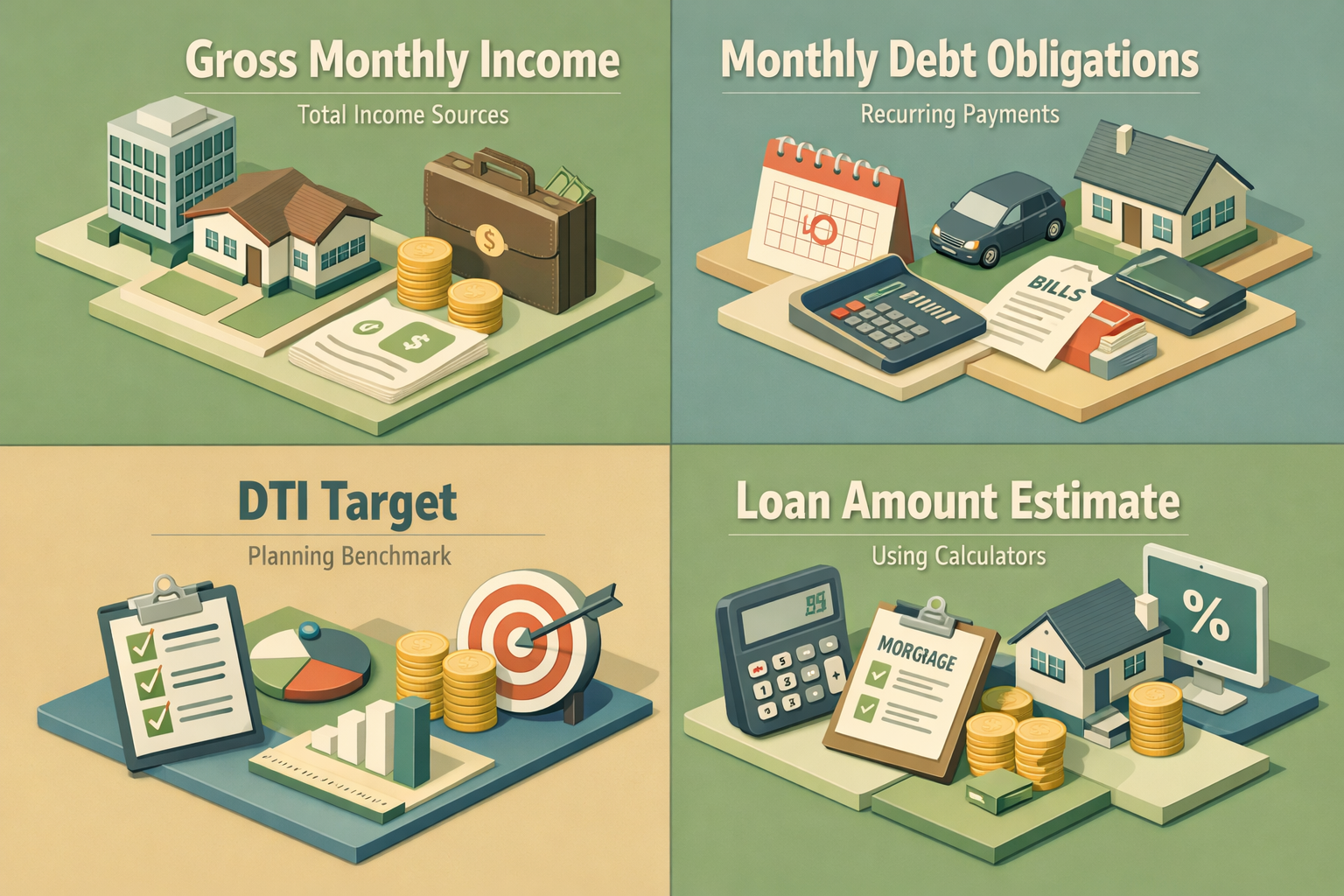Infographic showing steps to estimate mortgage affordability including income calculation, debt obligations, DTI target, and loan amount estimate.