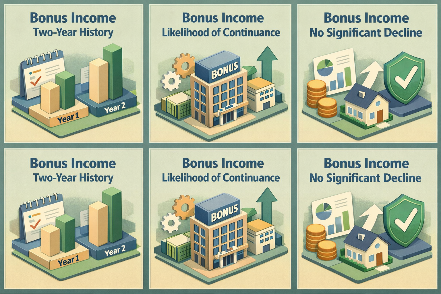 Infographic showing criteria for bonus income in mortgage applications: two-year history, likelihood of continuance, no significant decline.