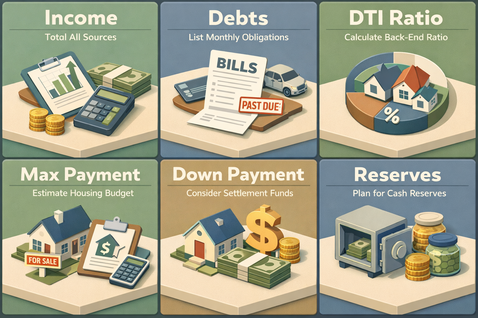 Step-by-step guide to calculate mortgage affordability after divorce, covering income, debts, DTI, max payment, down payment, and reserves.
