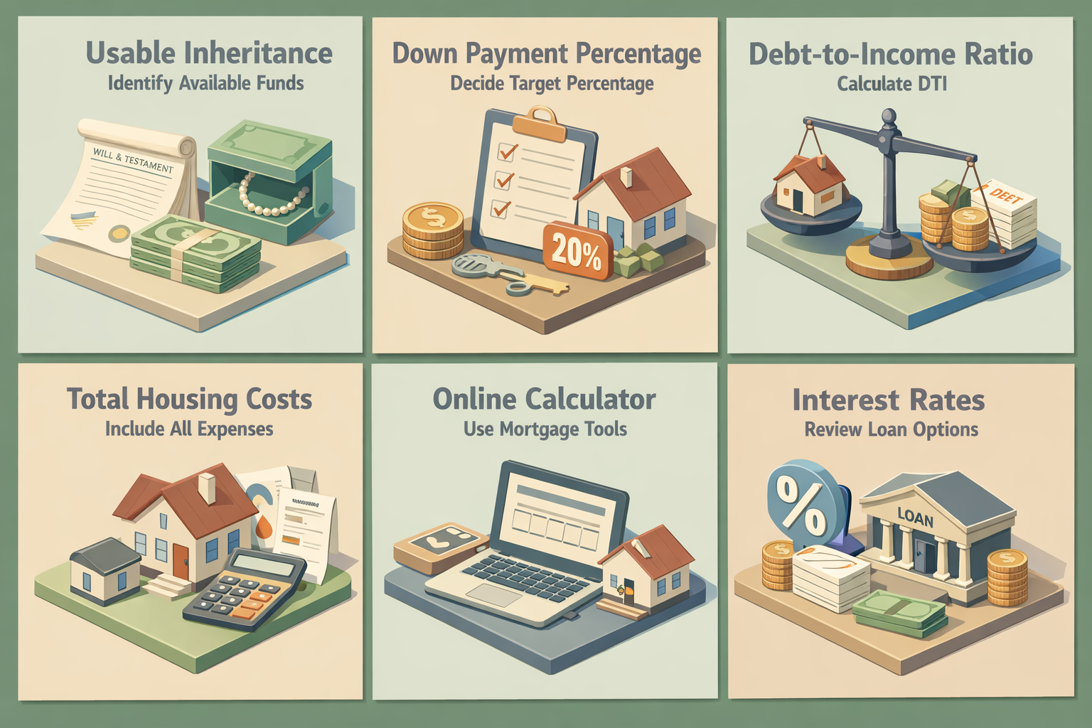 Infographic detailing steps to calculate mortgage affordability using inherited funds, covering inheritance amount, down payment, DTI, housing costs, and calculators.