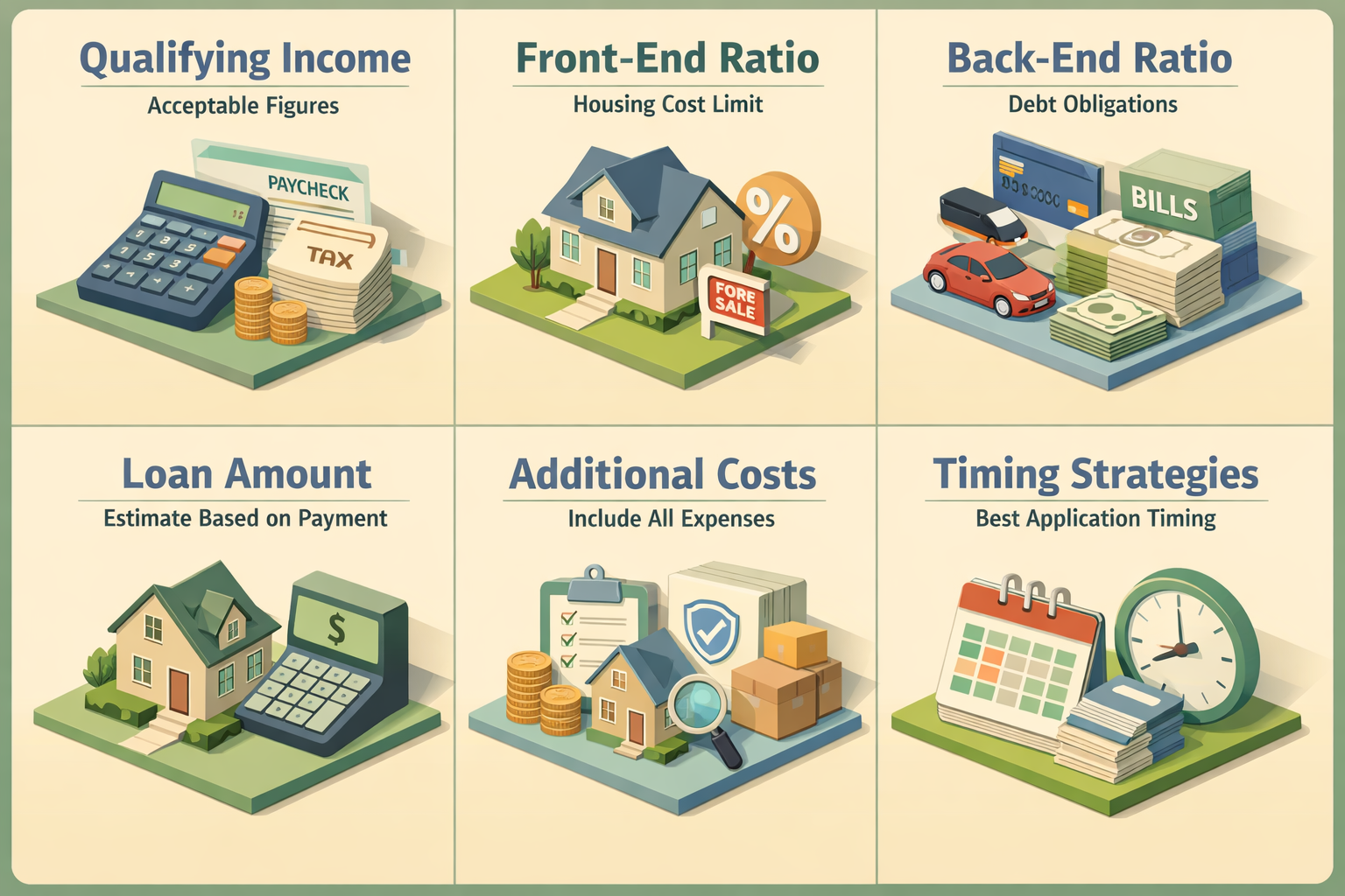 Infographic showing steps to calculate mortgage affordability after a job change, including income, ratios, loan amount, costs, and timing strategies.