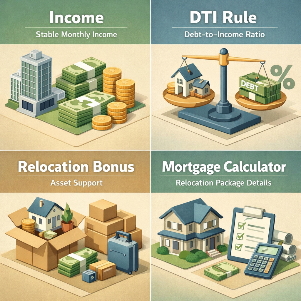 Steps to calculate mortgage affordability with a relocation bonus including income, DTI rule, bonus support, and calculator use.
