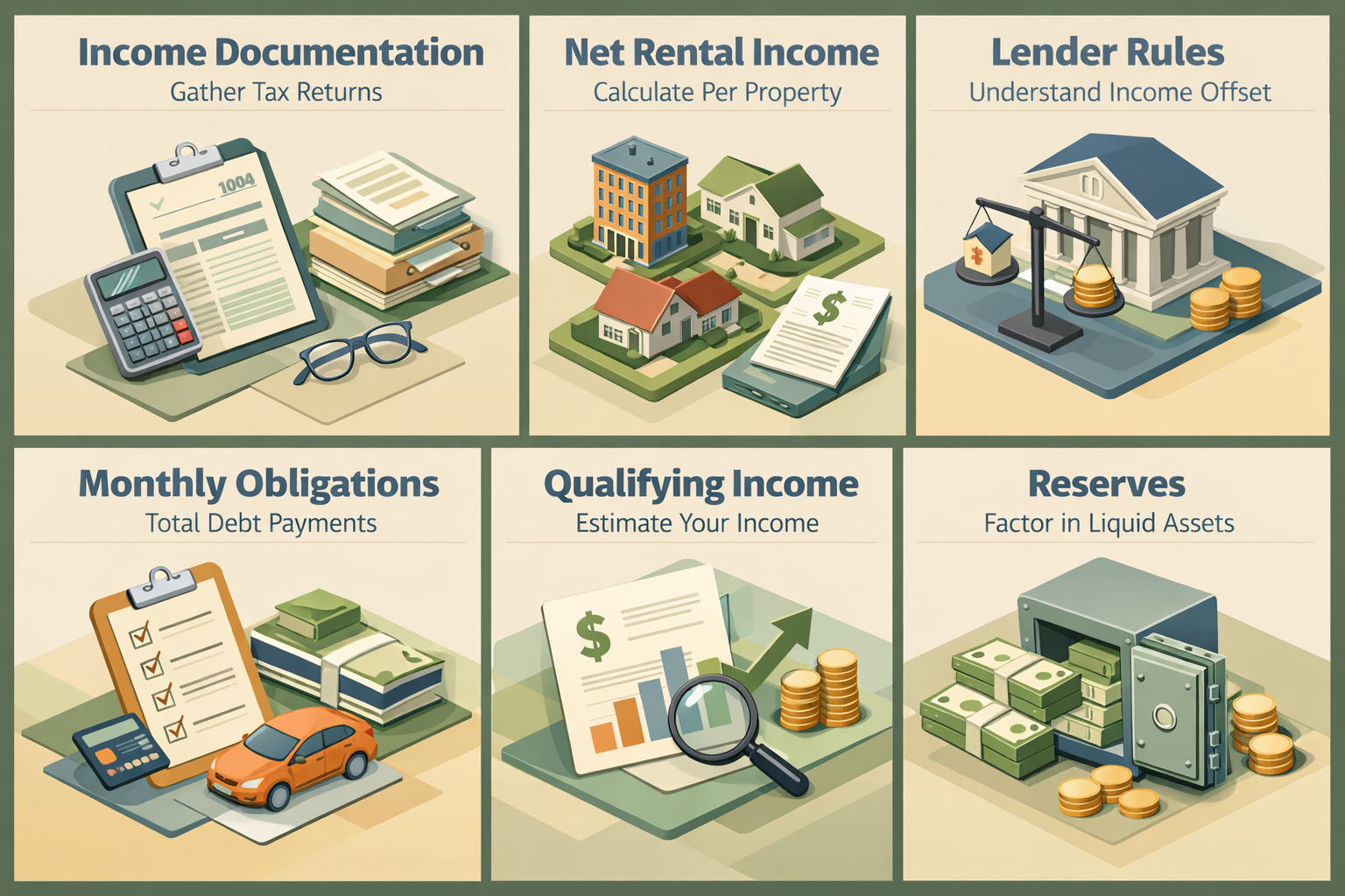 Step-by-step guide for calculating rental income mortgage affordability with panels on documentation, income, obligations, and reserves.