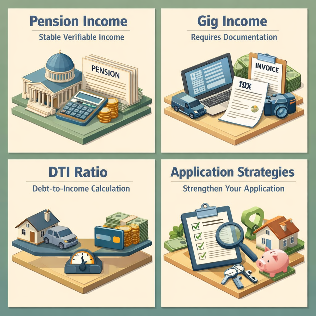 Infographic illustrating pension income, gig income, DTI ratio, and application strategies for mortgage affordability.