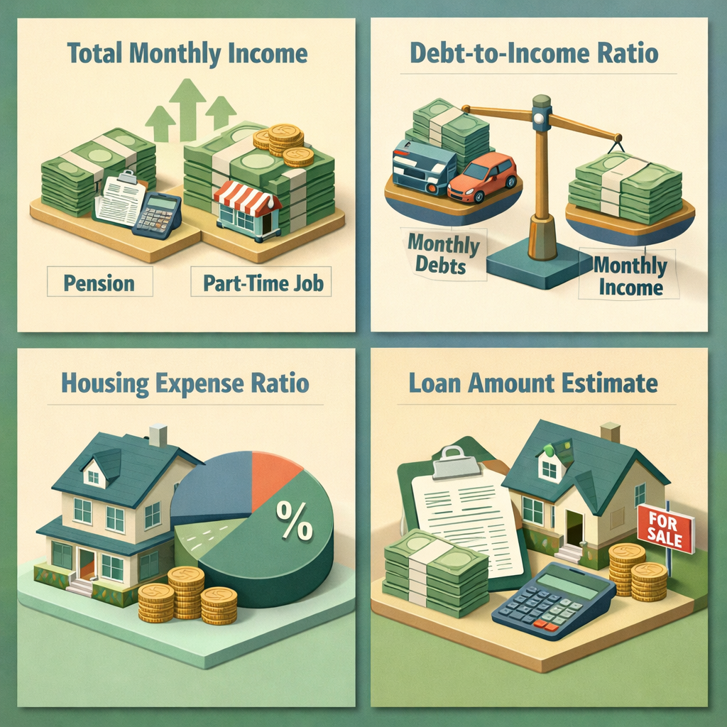 Infographic showing steps to calculate mortgage affordability using retirement pension and part-time job income with key financial ratios.