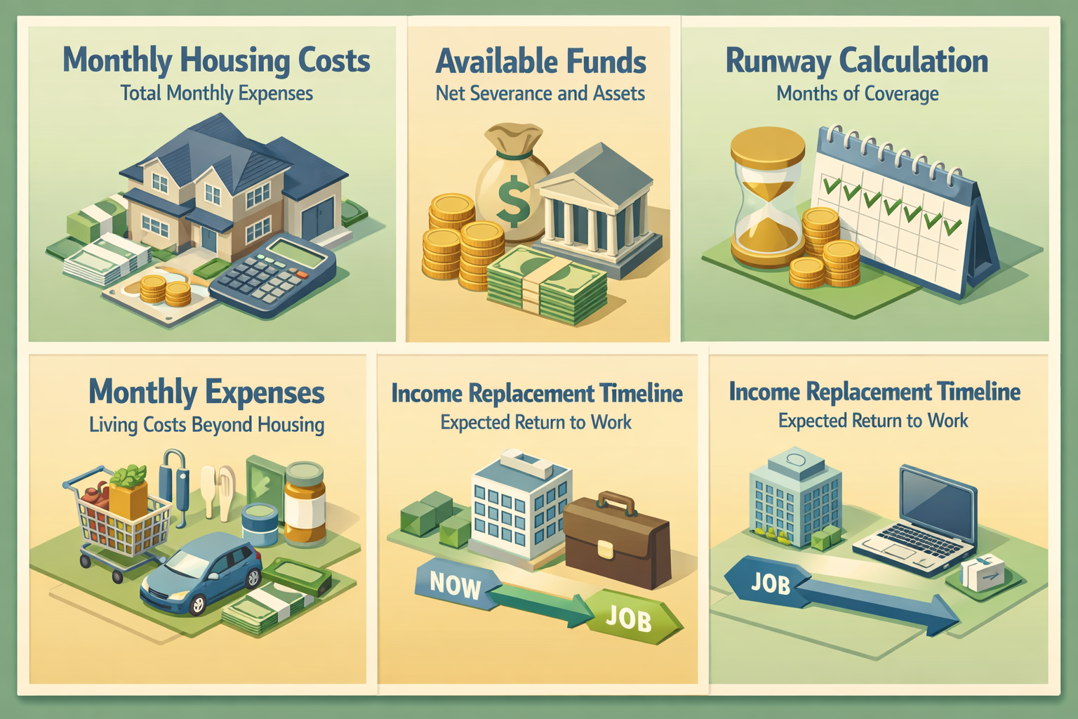 Infographic showing steps to calculate mortgage affordability with severance package and existing mortgage, including costs and timelines.