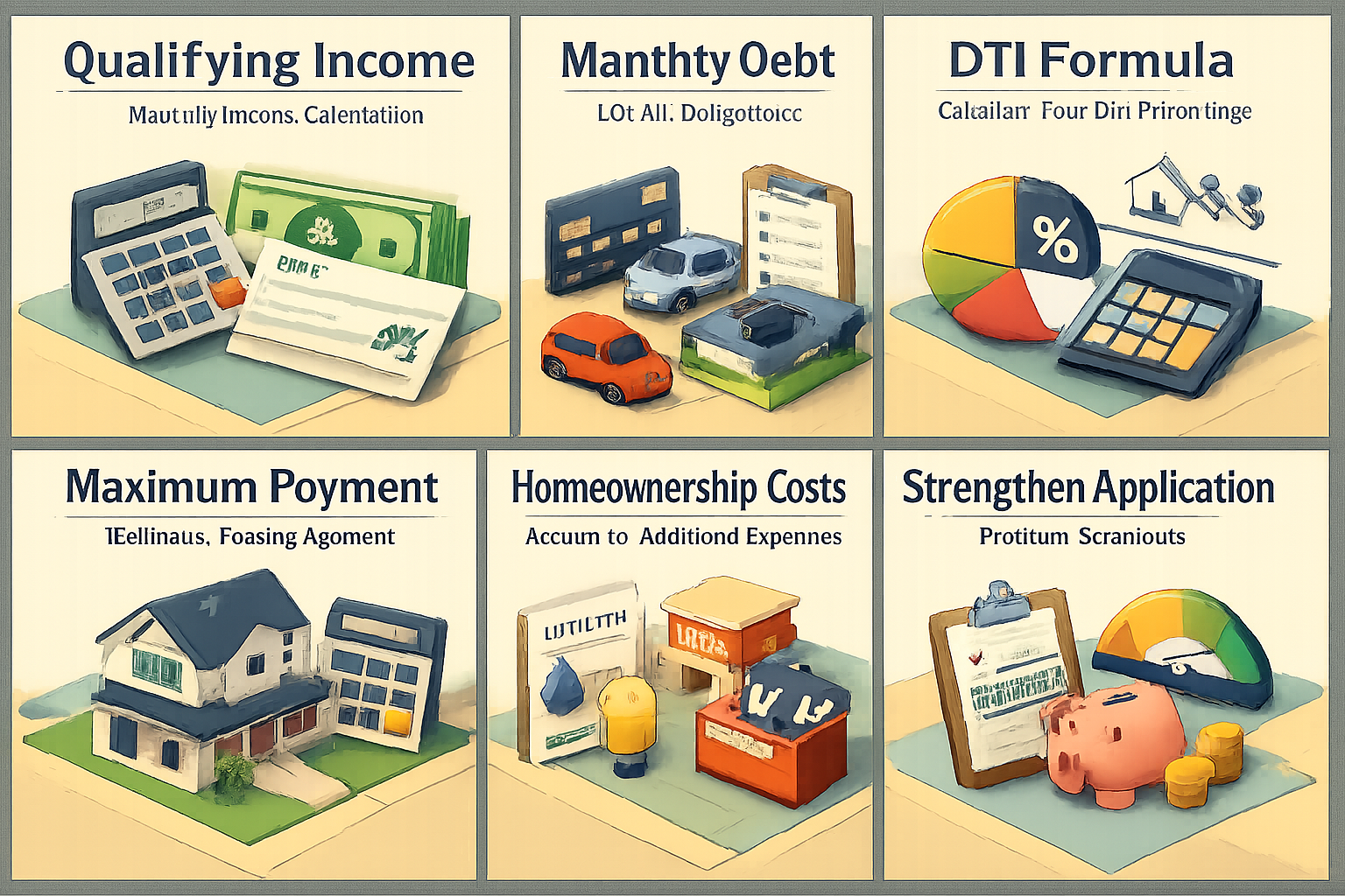 Infographic detailing steps to estimate mortgage affordability including income calculation, debt listing, DTI formula, and application strategies.