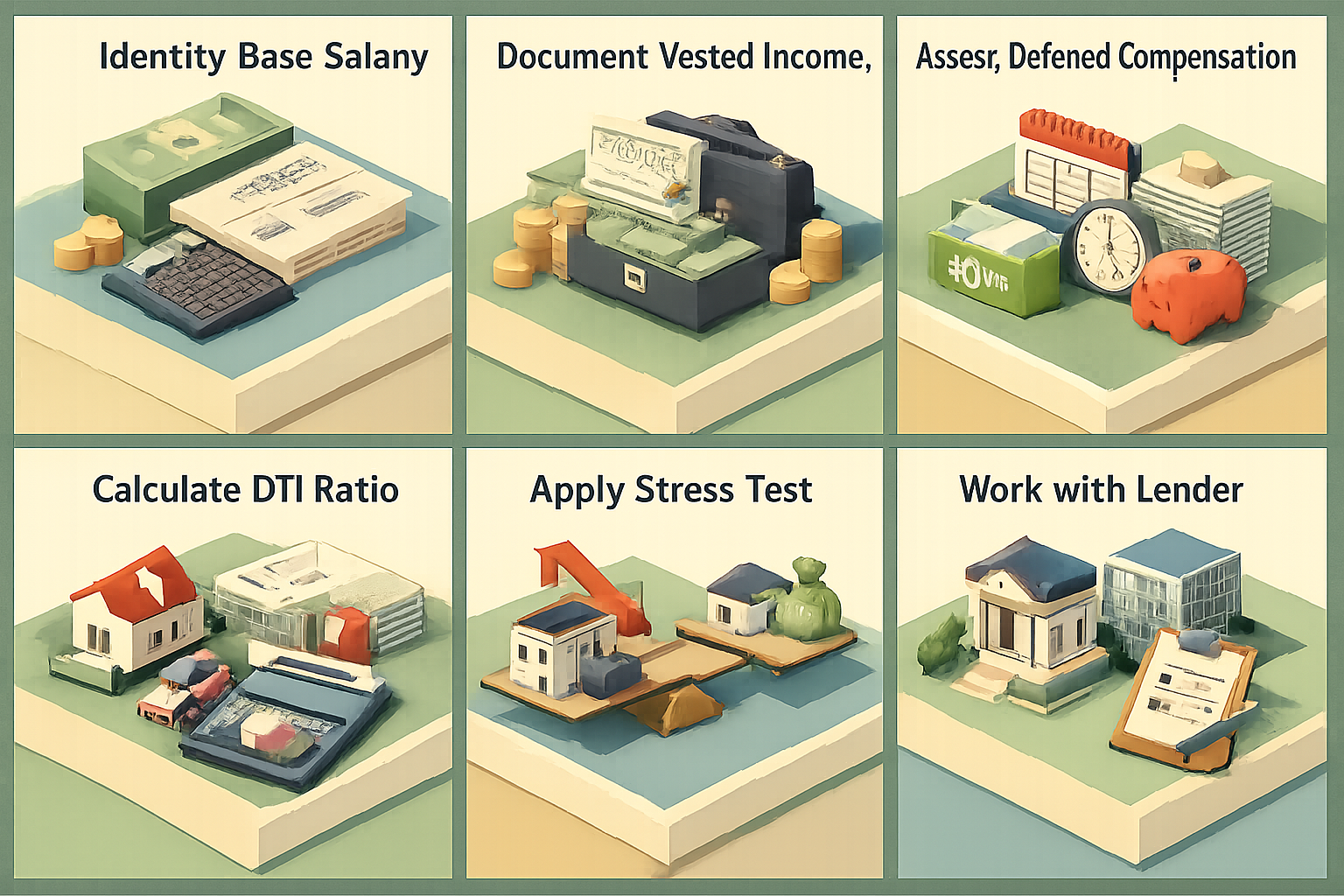Infographic showing steps to calculate mortgage affordability with stock options and deferred compensation including salary, income documentation, and DTI.