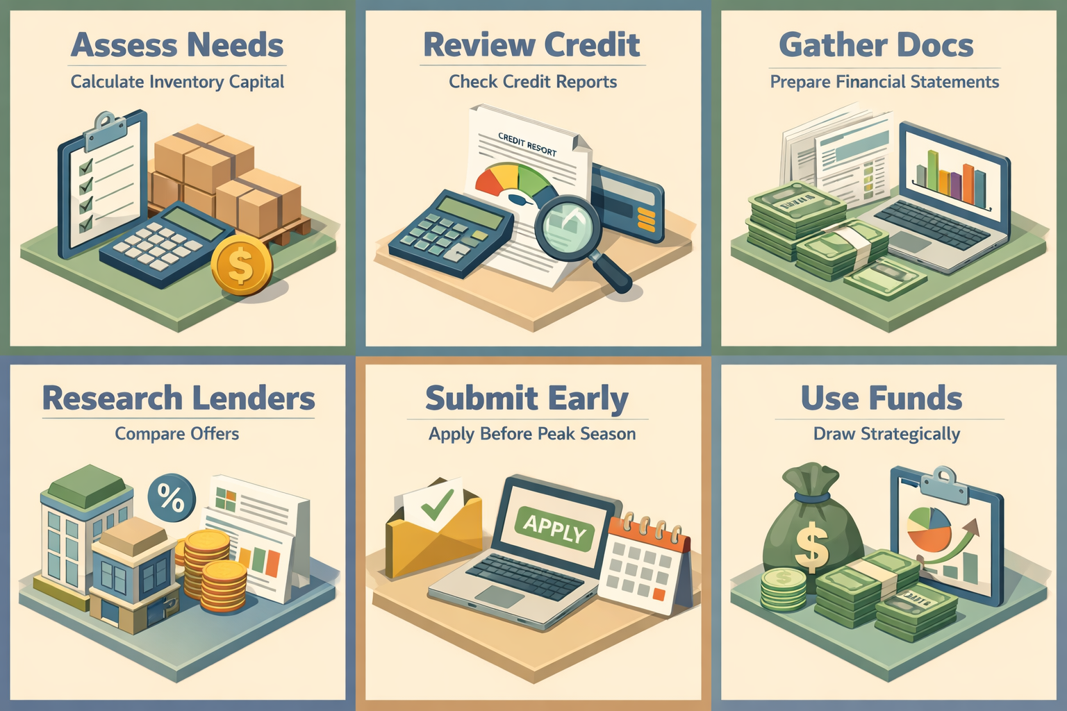 Step-by-step guide for applying for business loans for peak season inventory, covering needs assessment, credit review, and lender research.