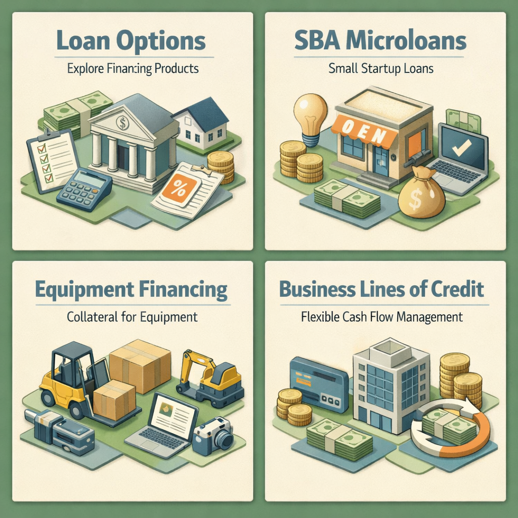 Infographic showing loan options for an ice cream truck startup including SBA Microloans, Equipment Financing, and Business Lines of Credit.