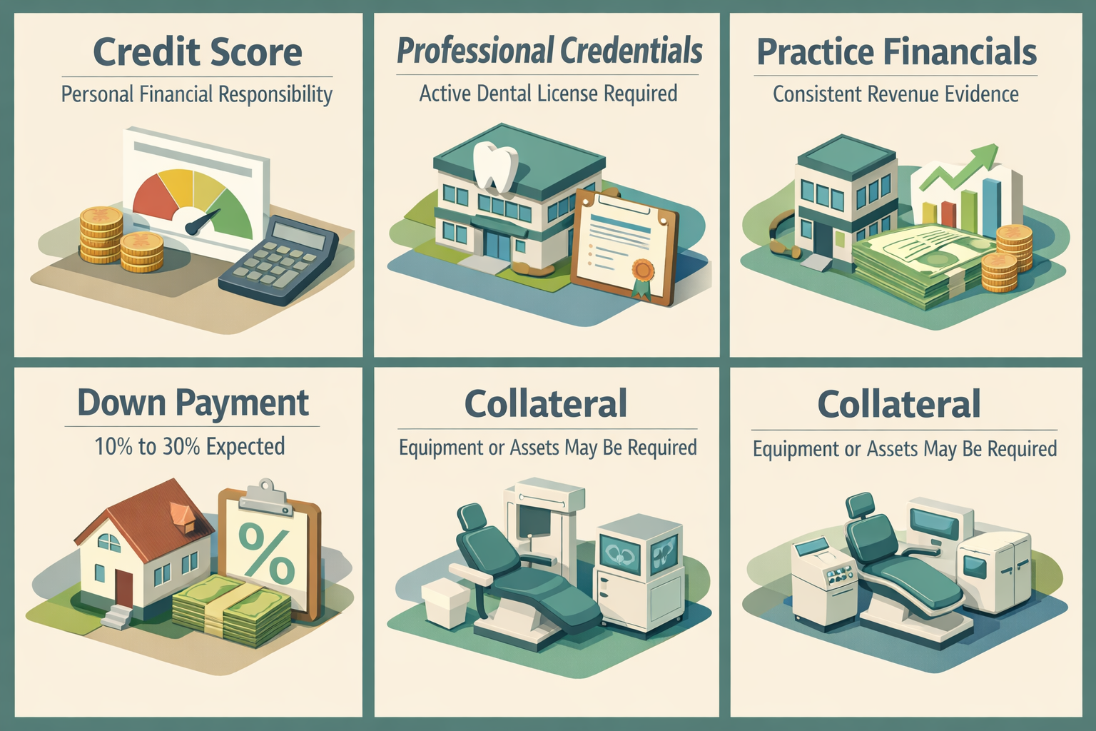 Infographic detailing dental practice acquisition loan requirements including credit score, credentials, financials, down payment, and collateral.