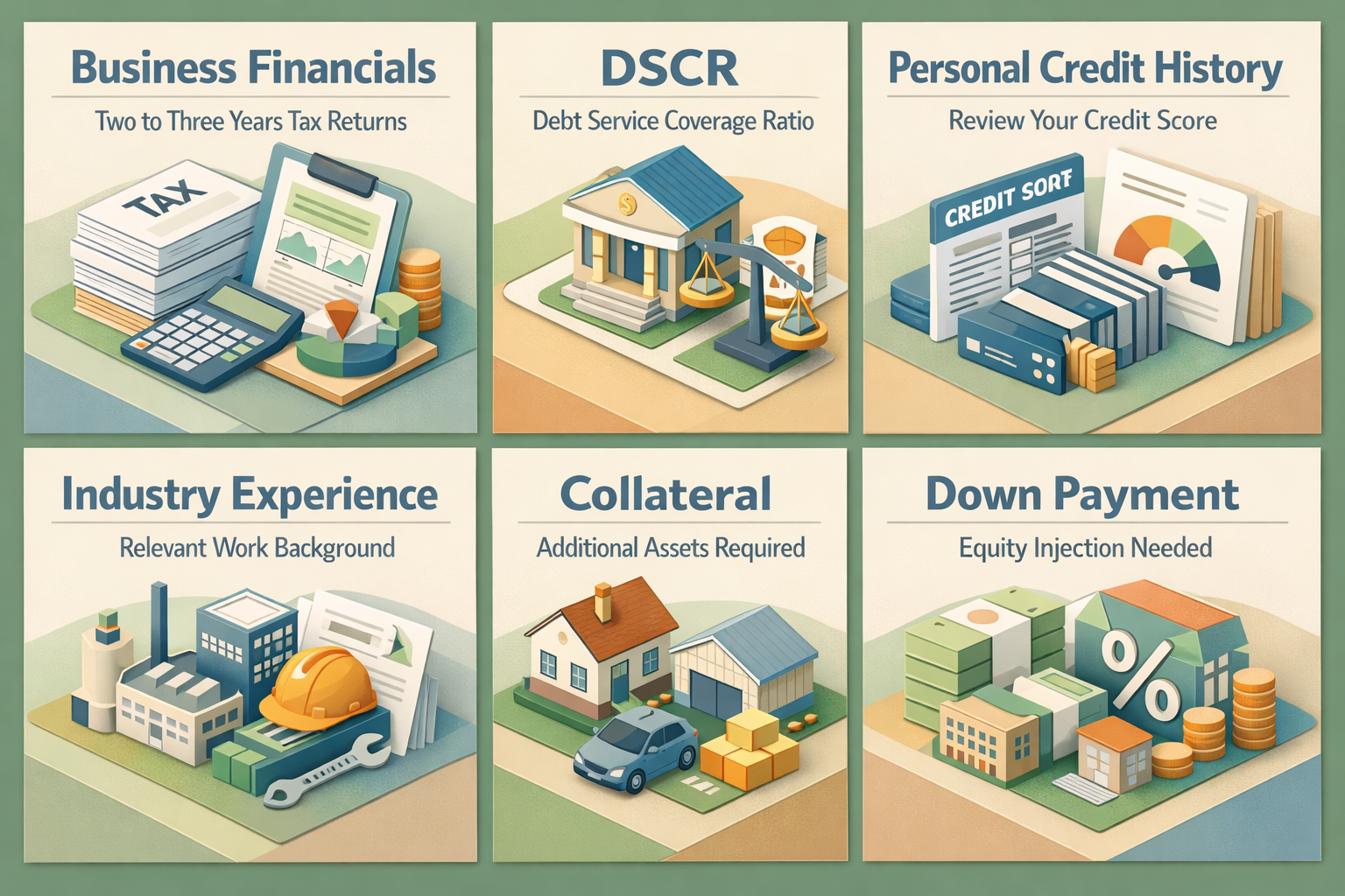 Infographic showing lender evaluation criteria for business acquisition loans including financials, credit history, and collateral.