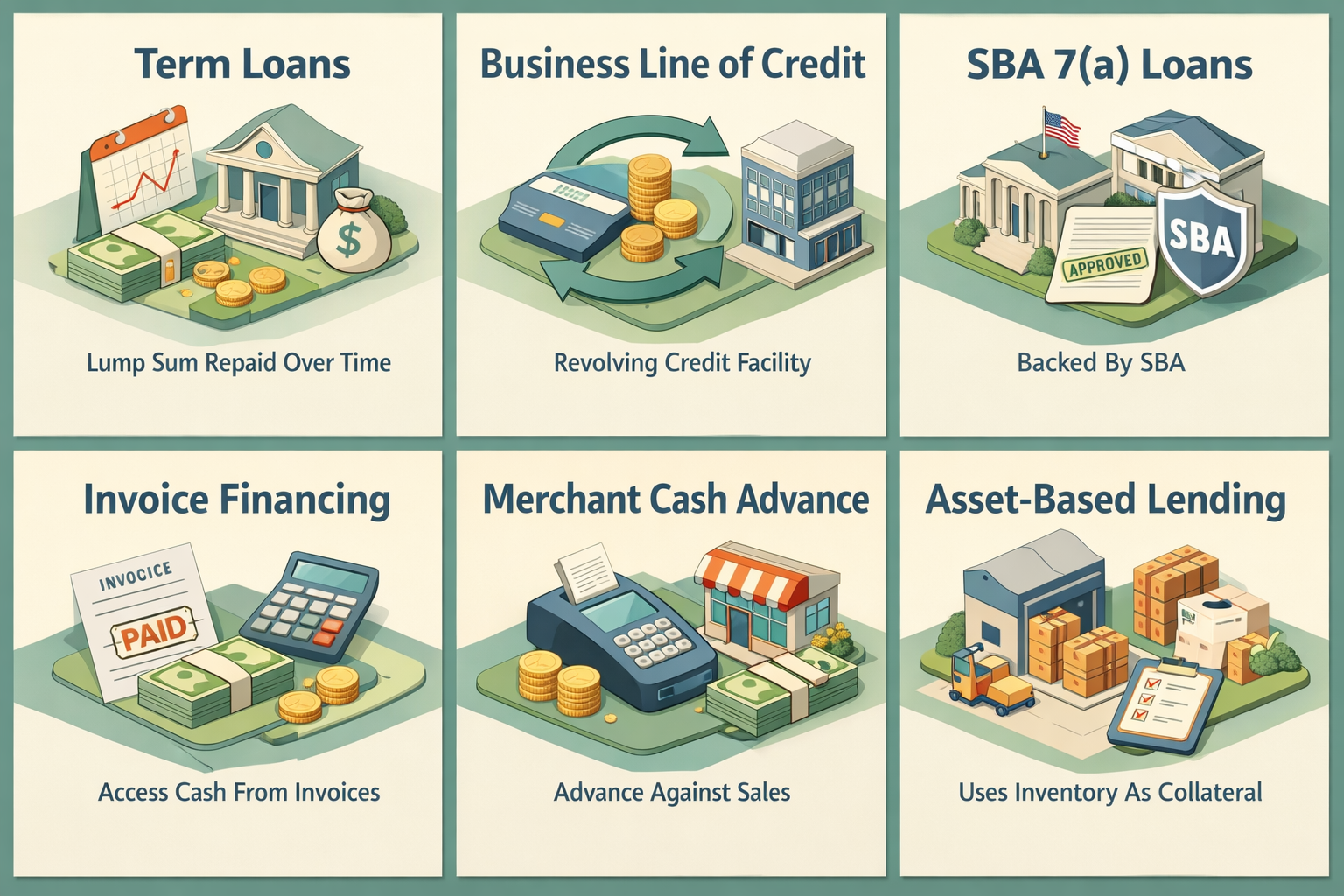 Infographic showing common types of business loans for inventory including term loans, lines of credit, and SBA loans.