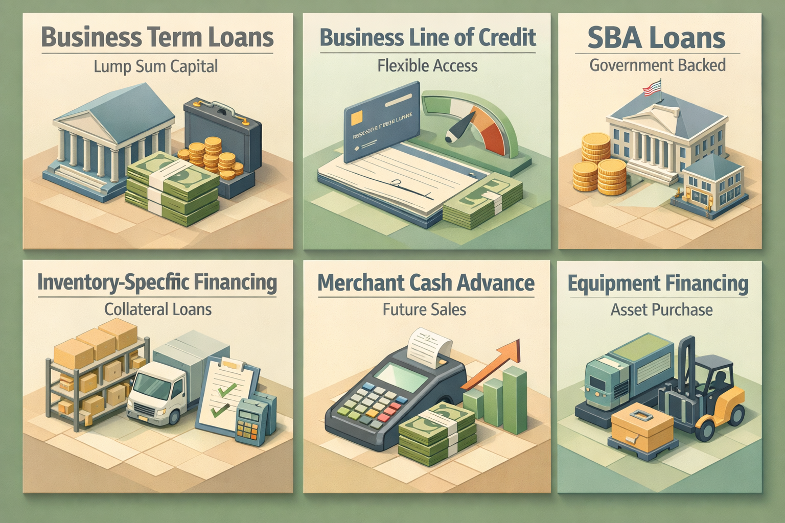Infographic showing types of inventory financing options including term loans, lines of credit, SBA loans, and more.