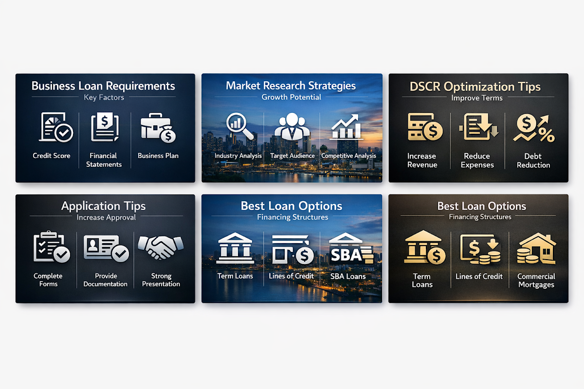 Infographic showing business loan requirements, market research strategies, DSCR optimization tips, application tips, and best loan options.