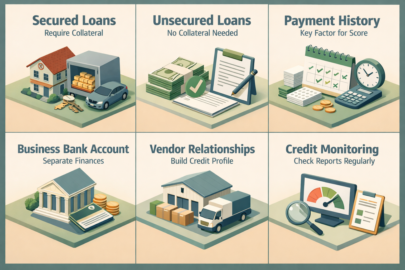 Infographic comparing secured and unsecured business loans, highlighting payment history, separate finances, vendor relationships, and credit monitoring.