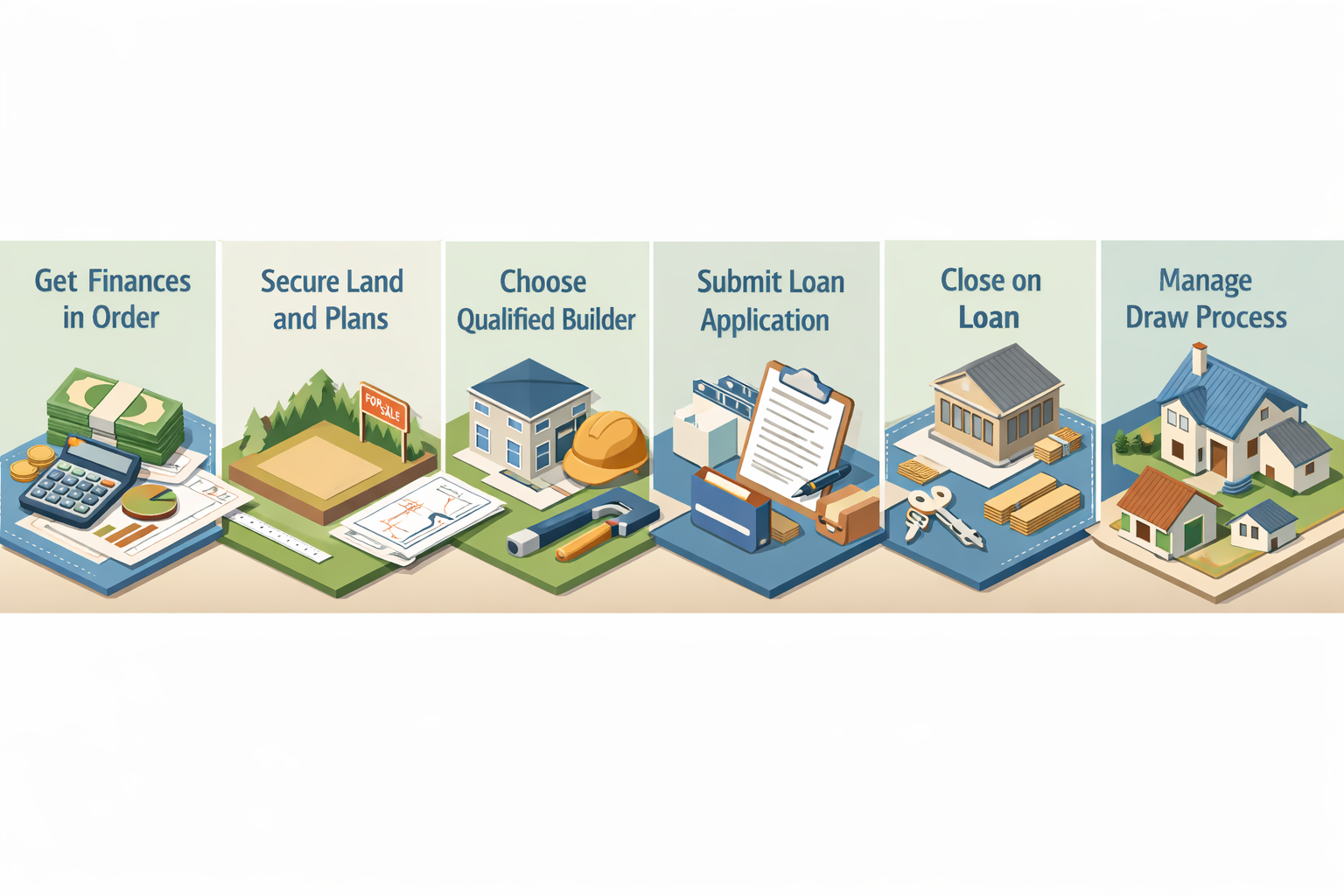 Infographic detailing the construction loan process for a self-build, including steps from finances to refinancing.