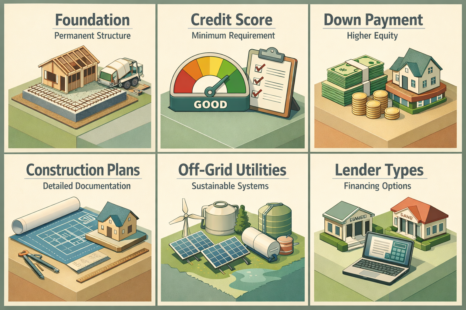 Key lender requirements for construction loans for yurts with off-grid utilities including foundation, credit score, down payment, and plans.