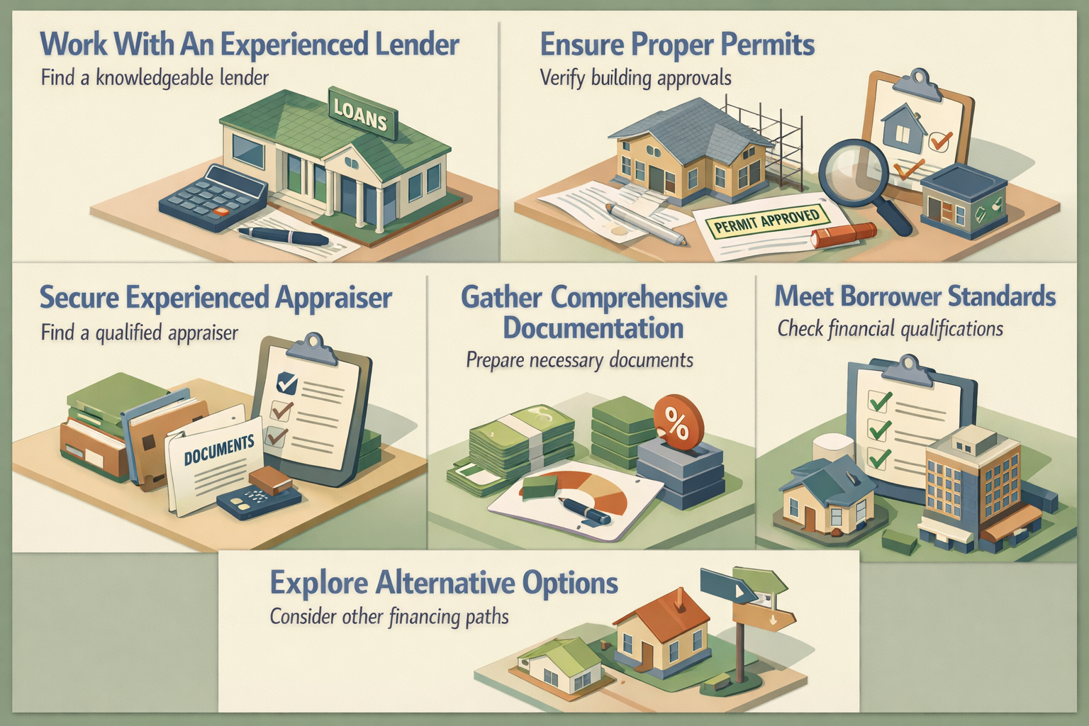 Steps to qualify for a conventional loan for a straw bale home including lender experience, permits, appraisals, documentation, and standards.