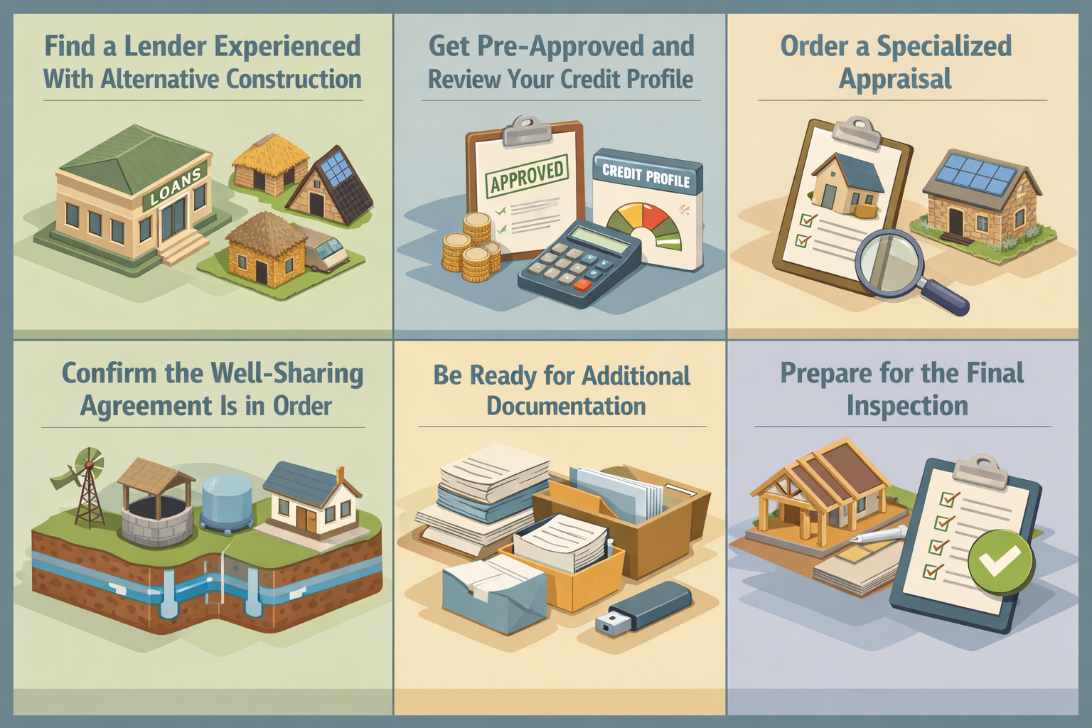 Step-by-step guide for obtaining a conventional loan for a straw bale home with shared well, including lender tips and documentation needs.