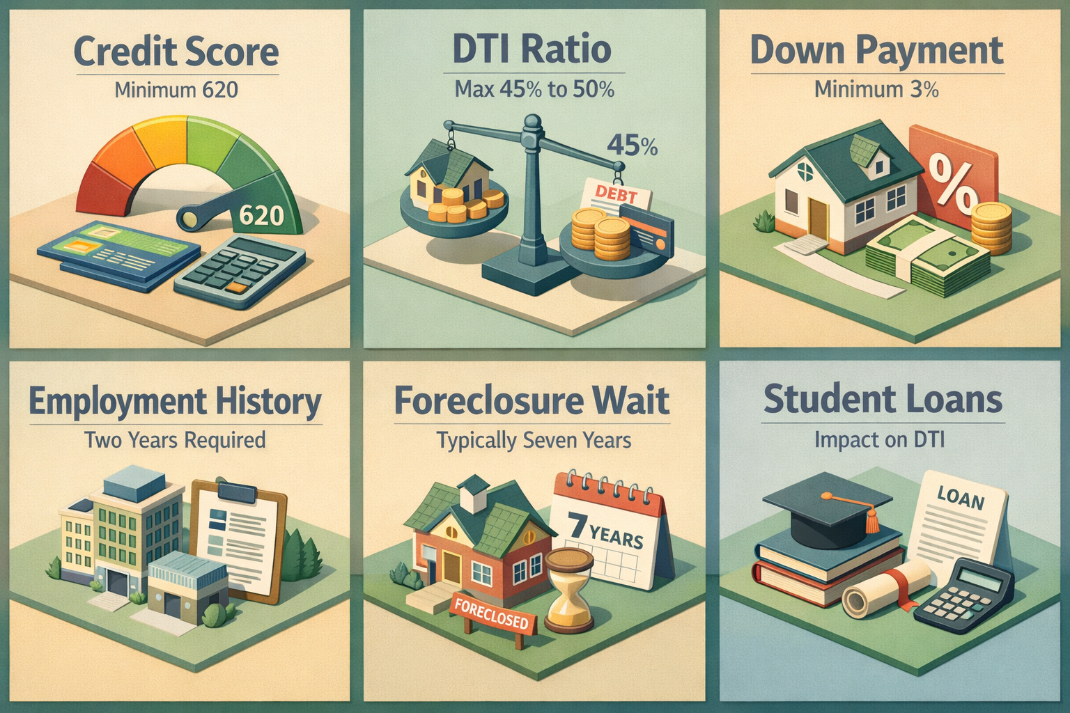 Infographic detailing conventional loan requirements including credit score, DTI ratio, down payment, employment history, foreclosure wait, and student loans impact.