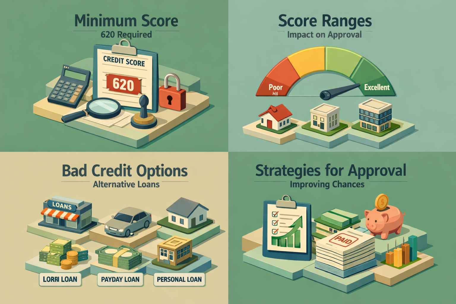 Infographic showing minimum credit score requirements, score ranges impact, bad credit loan options, and strategies for approval.