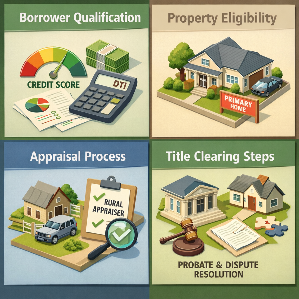 Infographic detailing borrower qualifications, property eligibility, appraisal process, and title clearing steps for inherited farm land loans.