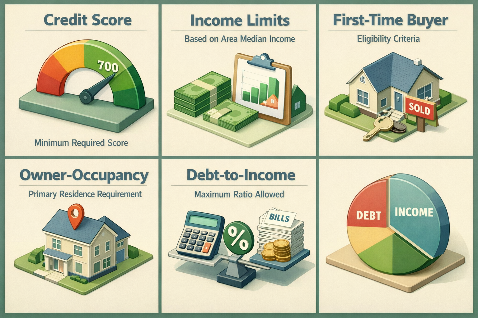 Infographic detailing requirements for a conventional loan including credit score, income limits, first-time buyer status, owner-occupancy, and debt-to-income ratio.