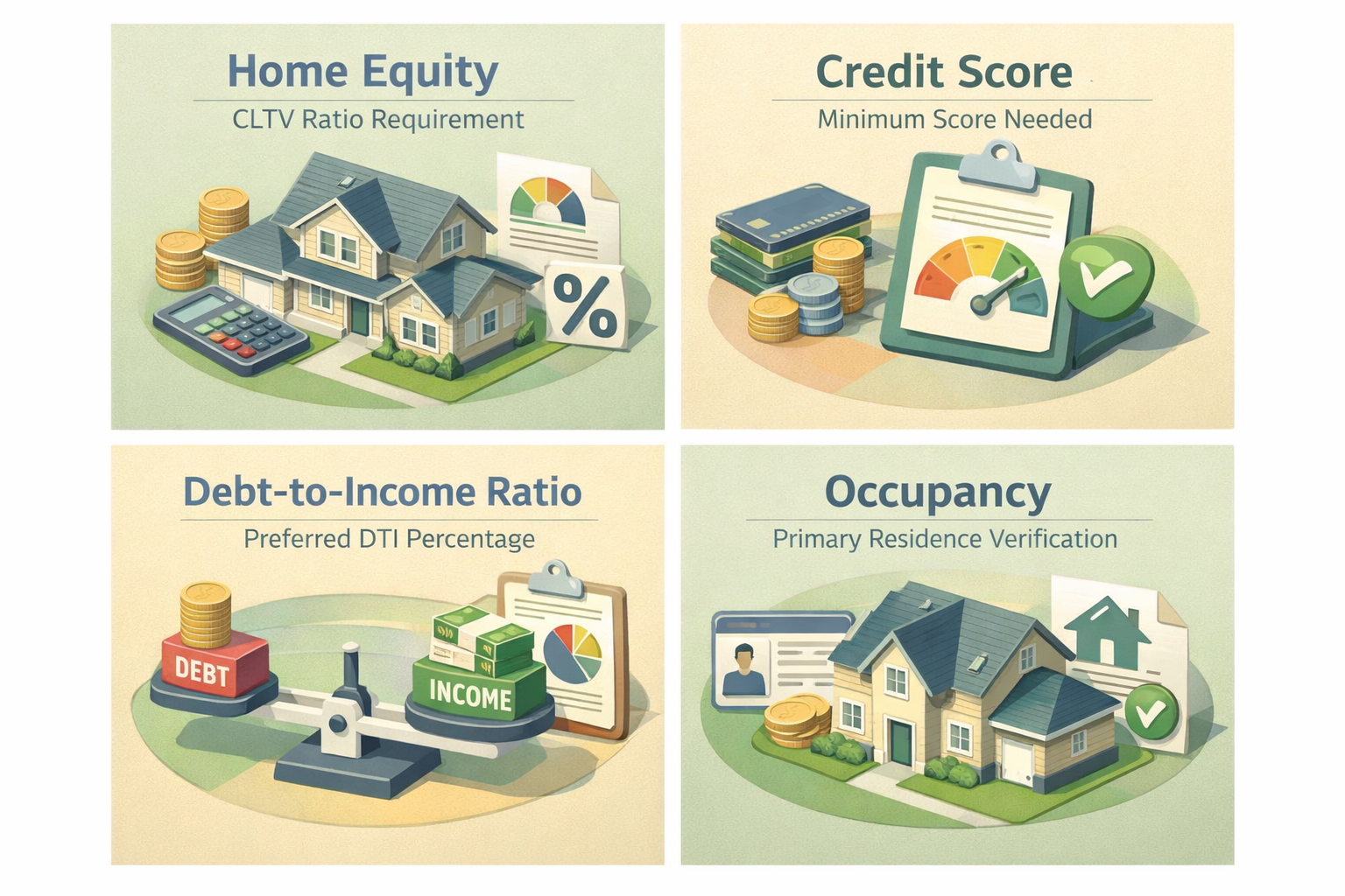 Infographic showing HELOC requirements including Home Equity, Credit Score, Debt-to-Income Ratio, and Occupancy verification.