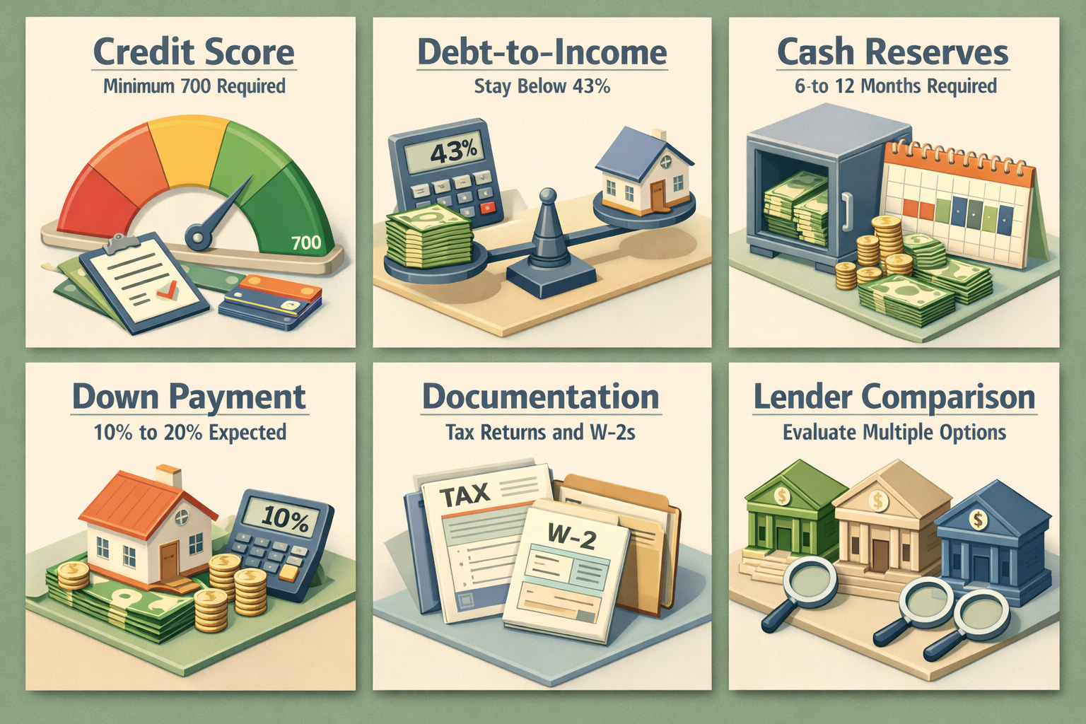 Infographic detailing jumbo mortgage requirements including credit score, debt-to-income ratio, cash reserves, down payment, documentation, and lender comparison.