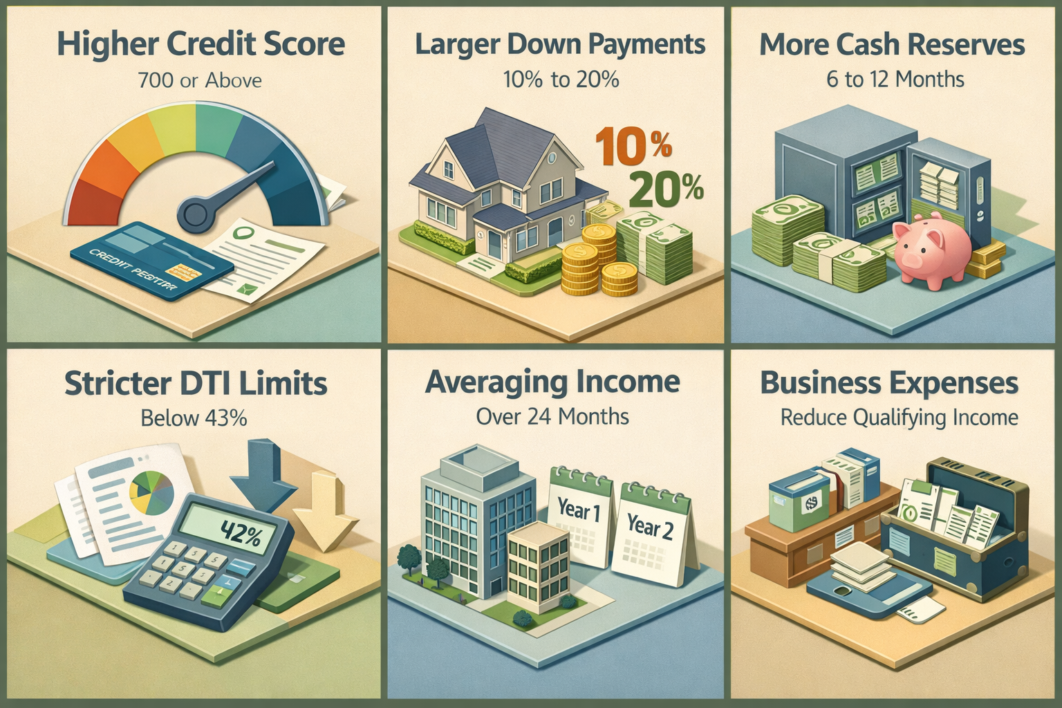 Infographic showing jumbo loan requirements including credit score, down payments, cash reserves, DTI limits, income averaging, and business expenses.