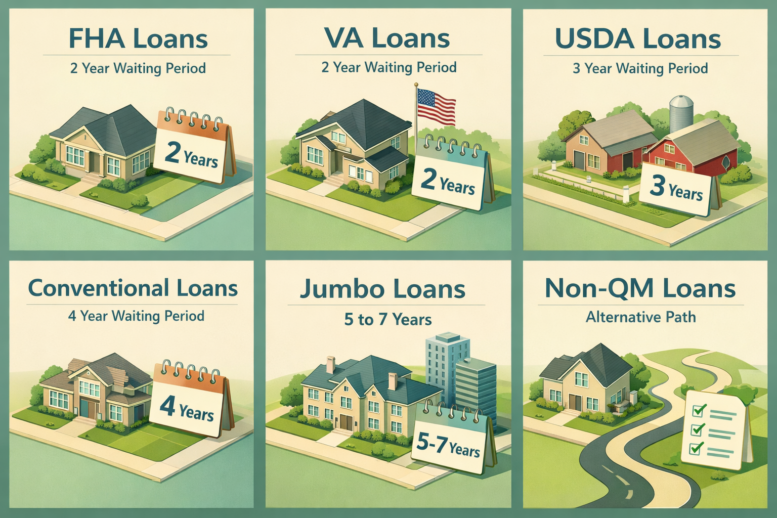 Overview of waiting periods for FHA, VA, USDA, Conventional, Jumbo, and Non-QM loans after bankruptcy discharge.