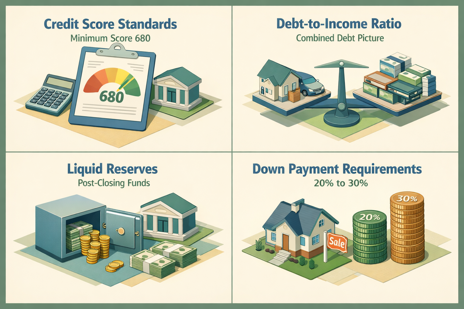 Infographic showing co-op mortgage requirements including credit score, debt-to-income ratio, liquid reserves, and down payment needs.